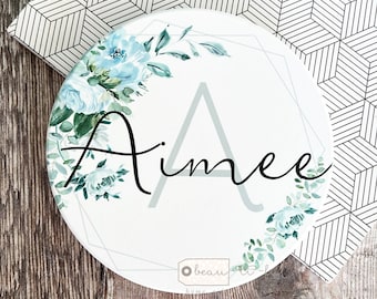 Personalised Pale blue Floral Ceramic Coaster Name gift Friend gift Home gift