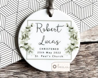 Personalised Christening Baptism Baby Boy Girl Modern Greenery Design Ceramic  or Acrylic Round Ornament Keepsake
