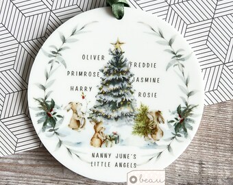 Personalised Christmas Tree woodland animals Grandchildren Acrylic or ceramic Round Ornament Keepsake Tree Decoration Child boy girl gift
