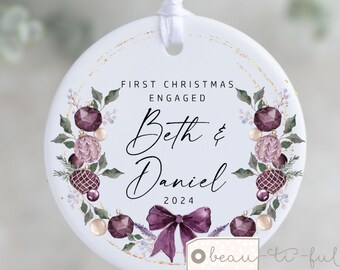 Personalised First Christmas Engaged ornament Together Engagement gift Engaged Anniversary Purple bow gift wreath Greenery Ornament Keepsake