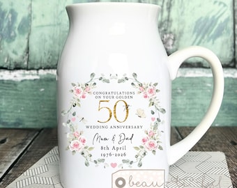 Personalised Golden Wedding Anniversary gift 50th 50 Ruby Silver Diamond Ruby Anniversary Married gift Floral Ceramic Small Vase Jug Mug