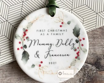 Personalised First Christmas Gift New Family Mummy Mommy Mammy Daddy New Baby Holly Design Ceramic or Acrylic Round Ornament Keepsake