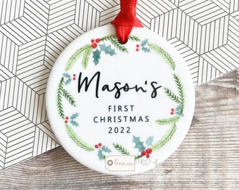 Personalised First Christmas Babies Baby’s Baby Boy Girl Newborn Holly Greenery Wreath Design Ceramic or Acrylic Round Ornament Keepsake