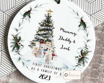 Personalised First Christmas as a family of 3 Mummy Daddy Mammy Mommy New Baby Woodland scene  Ceramic or Acrylic Round Ornament Keepsake
