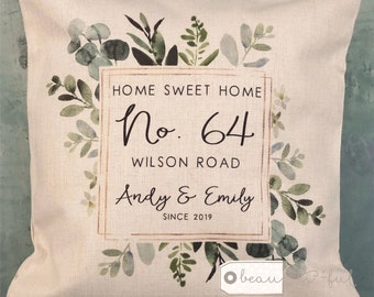 Personalised New Home Sweet Home Address New Home Housewarming Botanical Greenery Design Home Quote Linen Style Cushion New home gift