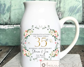 Personalised Coral Wedding Anniversary gift,  35th Wedding Anniversary Ruby Silver Golden Diamond Tin Bud vase Ceramic Small Vase Jug Mug