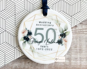 Personalised Wedding Anniversary Names Mr & Mrs 25th 50th 1st 40th 35th Navy Blue Blush Greenery Ceramic Round Decoration Ornament Keepsake