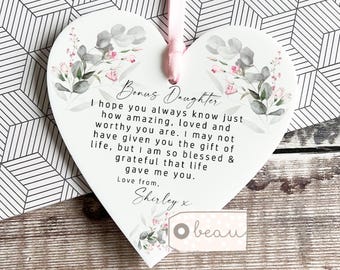 Personalised Bonus Daughter Step daughter from bonus mum Stepmum stepmom Thank you wildflowers Greenery Acrylic heart Ornament Keepsake