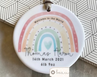 Personalised Welcome to the world New Baby Boy Girl Newborn Pink Grey Blue Rainbow Design Ceramic or acrylic Round Ornament Keepsake