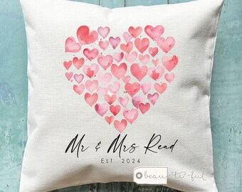 Personalised Wedding gift Anniversary gift Valentine’s Day gift Mr Mrs Couple Newlywed Love Home Red Heart Design Home Linen Style Cushion