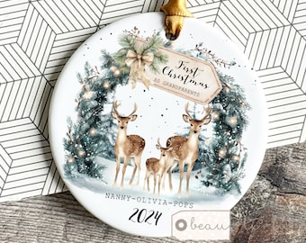 Personalised First Christmas as Grandparents Gran Grandma Nanna New Baby Deer Woodland scene Greenery Ceramic or Acrylic Ornament Keepsake
