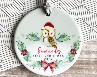 Personalised 1st First Christmas Woodland Owl Santa hat Signpost Acrylic or ceramic Round Ornament Keepsake Tree Decoration gift