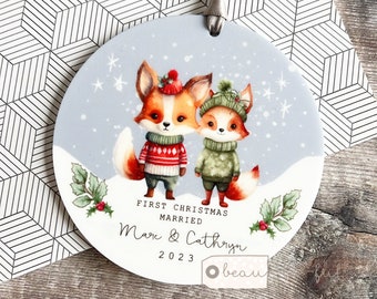 Personalised 1st First Christmas Married Wedding gift as Mr Mrs Newlywed Woodland fox Greenery Acrylic or ceramic Round Ornament Keepsake