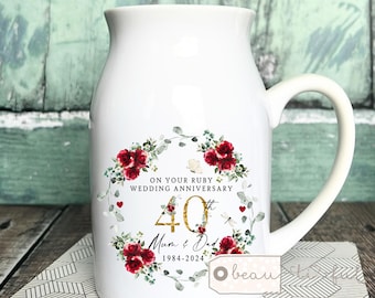 Personalised Wedding Anniversary gift 1st 25 50 30 40 50 60 Ruby Silver Golden Diamond Anniversary gift Floral Ceramic Small Vase Jug Mug