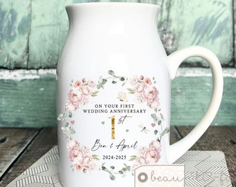 Personalised First Wedding Anniversary gift 1st 1 Ruby Silver Golden Diamond Ruby Anniversary gift Floral Ceramic Small Vase Jug Mug