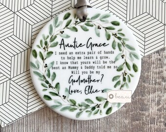 Personalised Will you be my Godmother Godfather Godparents Proposal Christening Baptism Greenery Wreath Ceramic or acrylic Keepsake