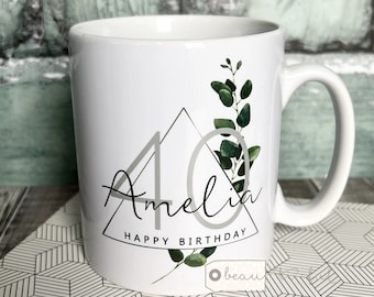 Personalised Name Modern Birthday Milestone 18 21 30 40 50 60 Greenery Mug