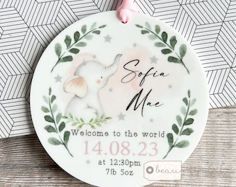 Personalised New Baby Gift Girl Newborn Pink Floral Elephant Design Ceramic or Acrylic Round Ornament Keepsake Goddaughter Granddaughter