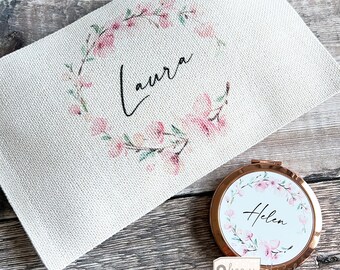 Personalised Name and initial Pink Floral Design Linen style Fabric Make up Bag Birthday gift for her mum sister friend