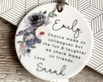 Personalised Chance made us colleagues Quote Mauve floral Design Ceramic or Acrylic Round Decoration Ornament Wedding Keepsake