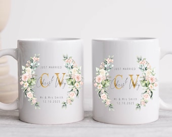 Personalised Wedding gift Mr & Mrs Bride Groom Just Married Gift Mug Greenery Wreath Gift set Ceramic Mug Tea mug coffee Mug Gift His Hers