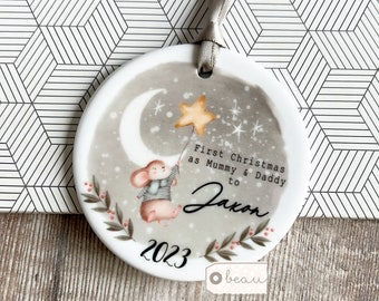 Personalised First Christmas as Mummy Daddy Mammy Mommy Family New Baby Moon Stars Design Ceramic or Acrylic Round Ornament Keepsake