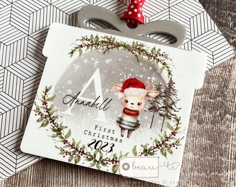 Personalised Baby’s First Christmas New Baby Boy girl reindeer santa hat gift Design Acrylic present shaped Ornament tree Keepsake bauble