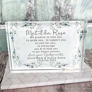 Personalised Promise to Godchild Gift Godson Goddaughter Christening Baptism Gift Baby Boy Girl Eucalyptus Greenery  block Keepsake