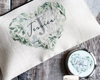Personalised Name and initial Eucalyptus Heart Design Linen style Fabric Make up Bag Birthday gift for her mum sister friend