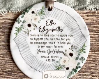 Personalised Promise to Godchild Christening Baptism Baby Boy Girl Framed White floral Greenery Ceramic or Acrylic Round Ornament Keepsake
