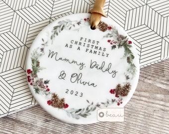 Personalised First Christmas Gift New Family Mummy Mommy Mammy Daddy New Baby Holly Pinecone Ceramic or Acrylic Round Ornament Keepsake