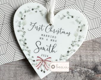 Personalised First 1st Christmas gift Just Married Gift Mr & Mrs Wedding Gift Newlyweds Greenery Heart Decoration Ornament Keepsake