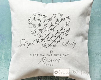 Personalised First Valentine’s Day Married Engaged Together Mr Mrs Valentines gift Vine Heart Design Home Quote Linen Style Cushion cover