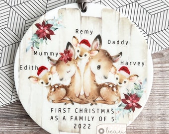 Personalised 1st First Christmas as a family of 3 4 5 woodland Deer Mummy Daddy Mammy Mommy Baby Acrylic Or ceramic Ornament Keepsake