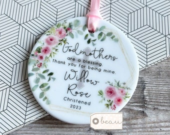 Personalised Thank you Godmother Godfather Godparents Gift Christening Baptism Quote Pink floral Ceramic or Acrylic Round Ornament Keepsake