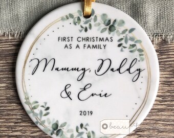 Personalised First Christmas as a family Mummy Daddy Mammy Mommy New Baby Botanical Greenery Ceramic or Acrylic Round Ornament Keepsake
