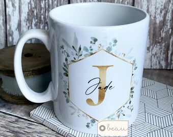 Personalised Name and initial Eucalyptus Ceramic Mug - Tea mug - coffee Mug - Gift mug