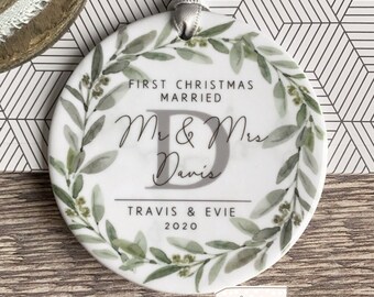 Personalised First Christmas Married Mr Mrs Newlywed Botanical Greenery Design Ceramic Round Ornament Keepsake