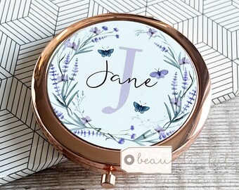 Personalised Name and initial Lilac Lavender Wildflower floral Round Rose Gold Compact Pocket Mirror Keepsake Bridesmaid Gift