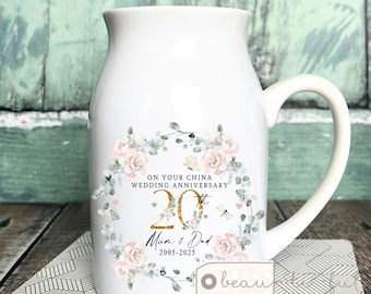 Personalised China Wedding Anniversary gift 20th 20 Ruby Silver Golden Diamond Ruby Anniversary gift Floral Ceramic Small Vase Jug Mug