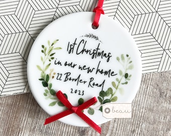 Personalised First Christmas at Address New Home Eucalyptus Botanical Greenery Design Ceramic  or Acrylic Round Ornament Keepsake