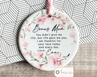 Personalised Bonus Mum Mom Stepmum stepmom Gift Like a mum Thank you Floral Greenery Ceramic or acrylic Round Ornament Wedding Keepsake
