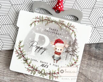 Personalised Happy Christmas gift reindeer santa hat gift Design Acrylic present shaped Ornament tree Keepsake bauble Christmas tree