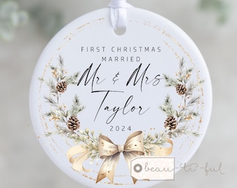 Personalised First Christmas gift Married Mr Mrs Wedding gift Newlywed Botanical Greenery Design Ceramic or Acrylic Round Ornament Keepsake