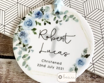 Personalised Christening Baptism Gift Godson Goddaughter Baby Boy Girl Pale blue floral Design Ceramic or Acrylic Round Ornament Keepsake