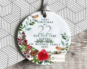 Personalised First Christmas at Address New Home Robin Greenery Design Ceramic or Acrylic Round Ornament Keepsake