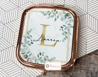 Personalised Name and Initial.. Geometric Greenery Square Rose Gold Compact Pocket Mirror Keepsake