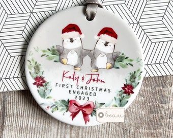 Personalised 1st First Christmas Engaged Engagement gift Together Santa Penguin Greenery Acrylic or ceramic Round Ornament Keepsake
