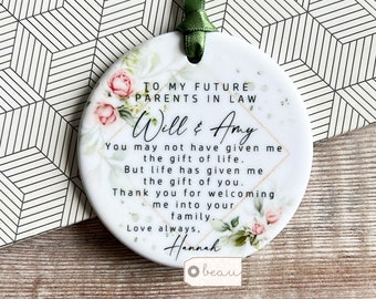 Personalised Future Wonderful Mother parents in law wedding gift Pink roses Greenery Ceramic or acrylic Round Decoration Ornament Keepsake