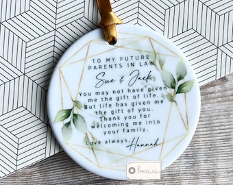 Personalised Future Wonderful Mother parents in law Pink roses Greenery Ceramic or acrylic Round Decoration Ornament Keepsake